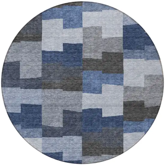 8' Navy Blue And Sky Blue Round Geometric Washable Indoor Outdoor Area Rug Photo 5