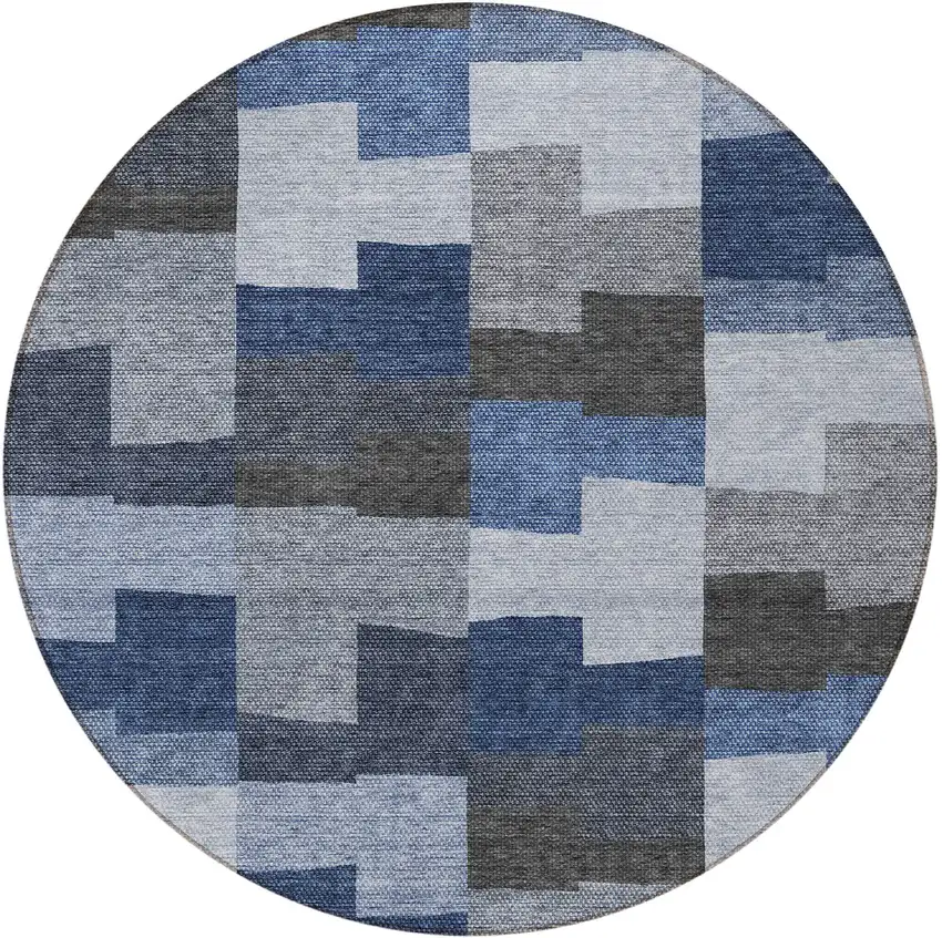 8' Navy Blue And Sky Blue Round Geometric Washable Indoor Outdoor Area Rug Photo 5