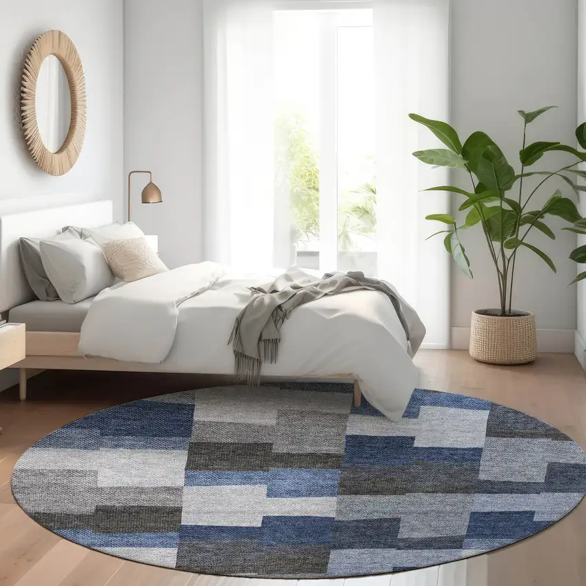 8' Navy Blue And Sky Blue Round Geometric Washable Indoor Outdoor Area Rug Photo 7