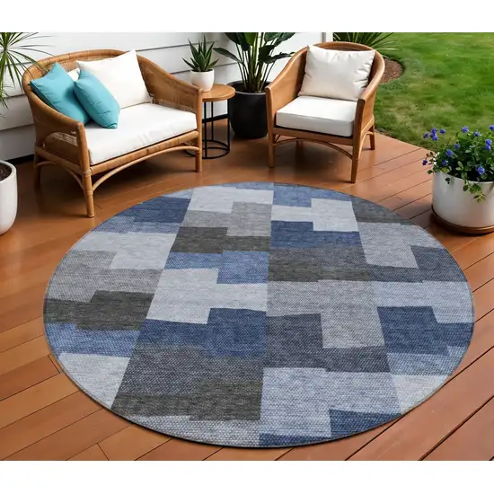 8' Navy Blue And Sky Blue Round Geometric Washable Indoor Outdoor Area Rug Photo 1