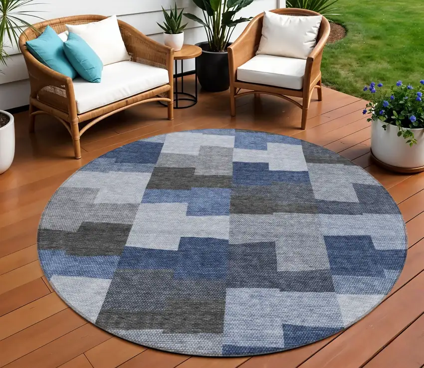 8' Navy Blue And Sky Blue Round Geometric Washable Indoor Outdoor Area Rug Photo 1