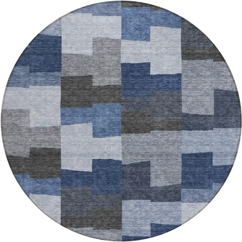 8' Navy Blue And Sky Blue Round Geometric Washable Indoor Outdoor Area Rug Photo 2