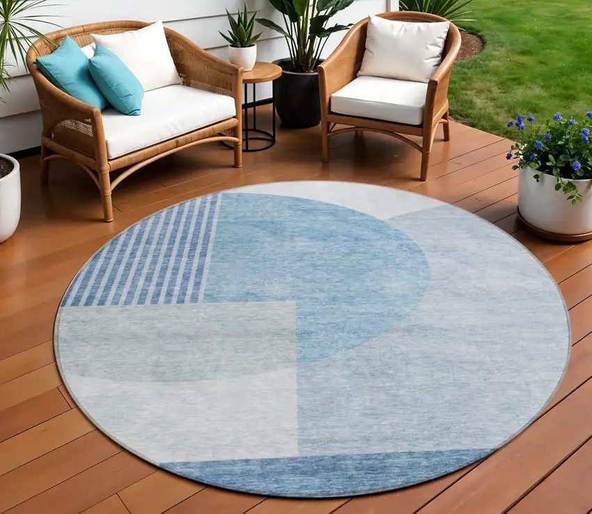 8' Navy Blue And Sky Blue Round Geometric Washable Indoor Outdoor Area Rug Photo 1