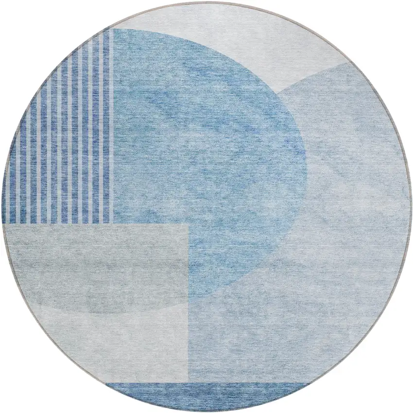 8' Navy Blue And Sky Blue Round Geometric Washable Indoor Outdoor Area Rug Photo 2