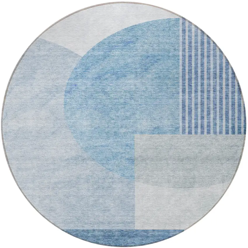 8' Navy Blue And Sky Blue Round Geometric Washable Indoor Outdoor Area Rug Photo 5