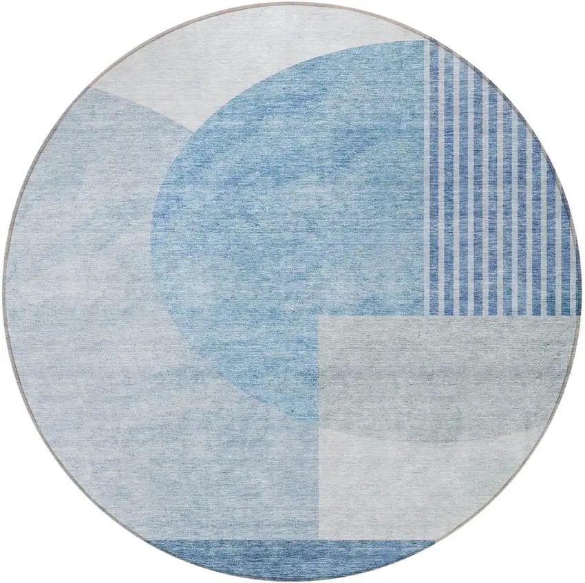 8' Navy Blue And Sky Blue Round Geometric Washable Indoor Outdoor Area Rug Photo 5