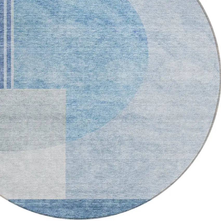 8' Navy Blue And Sky Blue Round Geometric Washable Indoor Outdoor Area Rug Photo 4