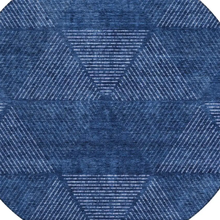 8' Navy Blue And Sky Blue Round Geometric Washable Indoor Outdoor Area Rug Photo 4