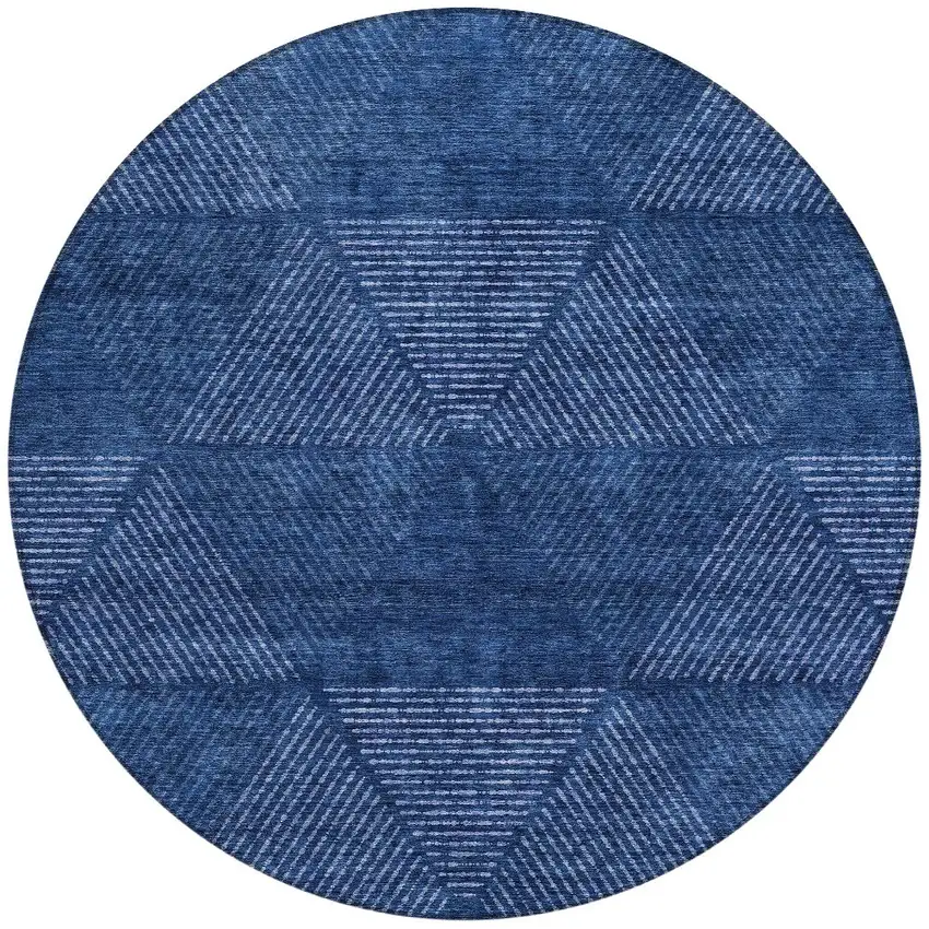 8' Navy Blue And Sky Blue Round Geometric Washable Indoor Outdoor Area Rug Photo 5