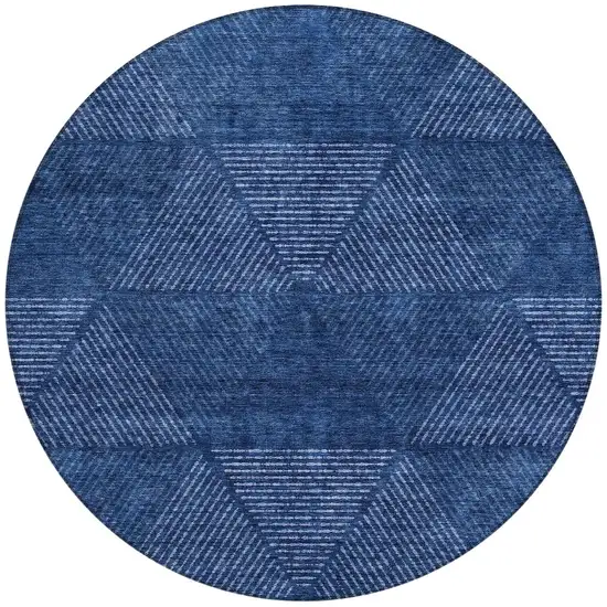 8' Navy Blue And Sky Blue Round Geometric Washable Indoor Outdoor Area Rug Photo 5