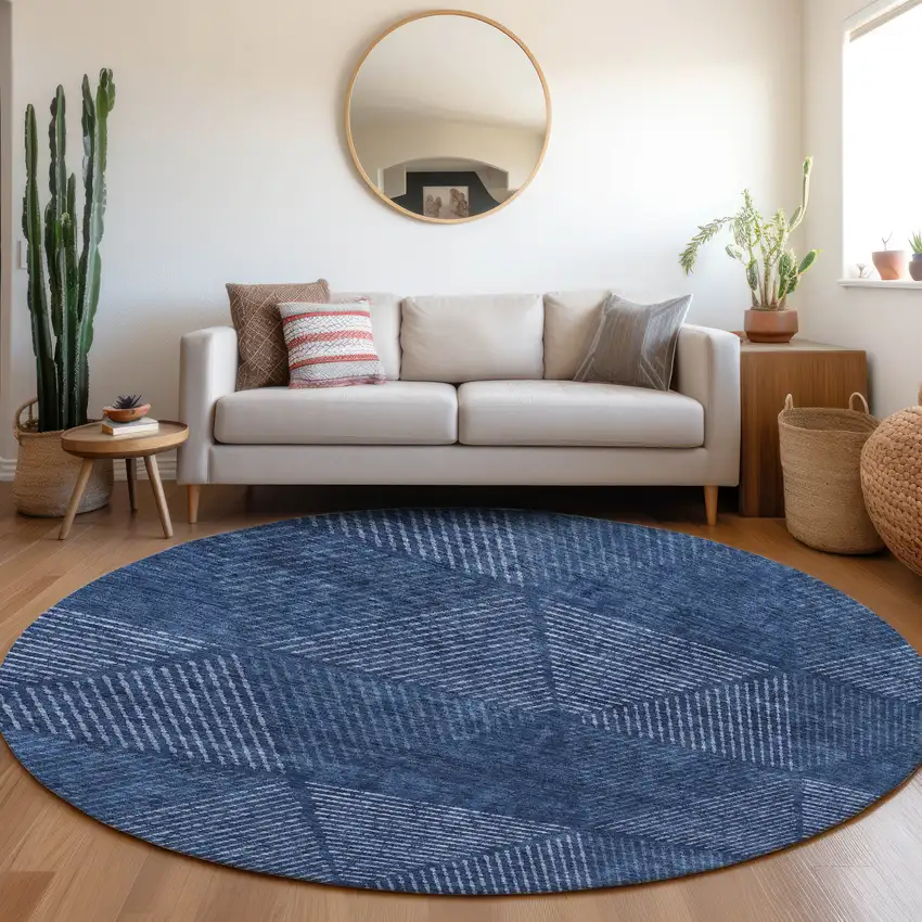 8' Navy Blue And Sky Blue Round Geometric Washable Indoor Outdoor Area Rug Photo 7