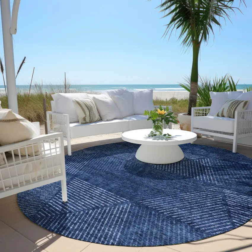 8' Navy Blue And Sky Blue Round Geometric Washable Indoor Outdoor Area Rug Photo 6