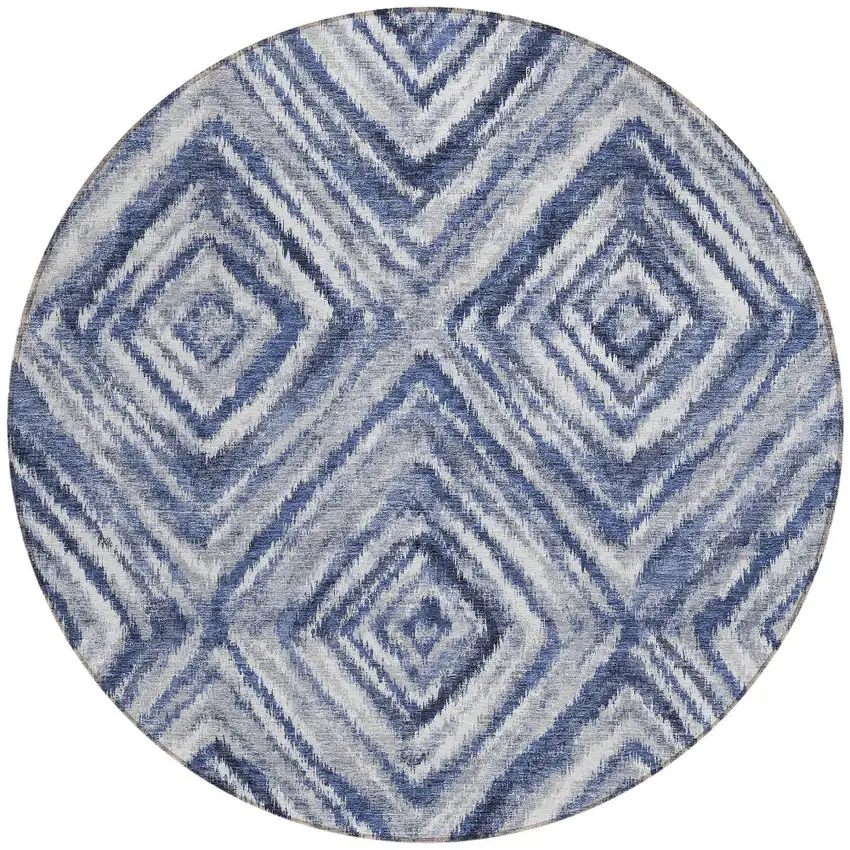 8' Navy Blue And Sky Blue Round Geometric Washable Indoor Outdoor Area Rug Photo 5