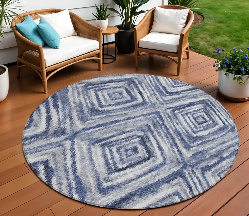 8' Navy Blue And Sky Blue Round Geometric Washable Indoor Outdoor Area Rug Photo 1