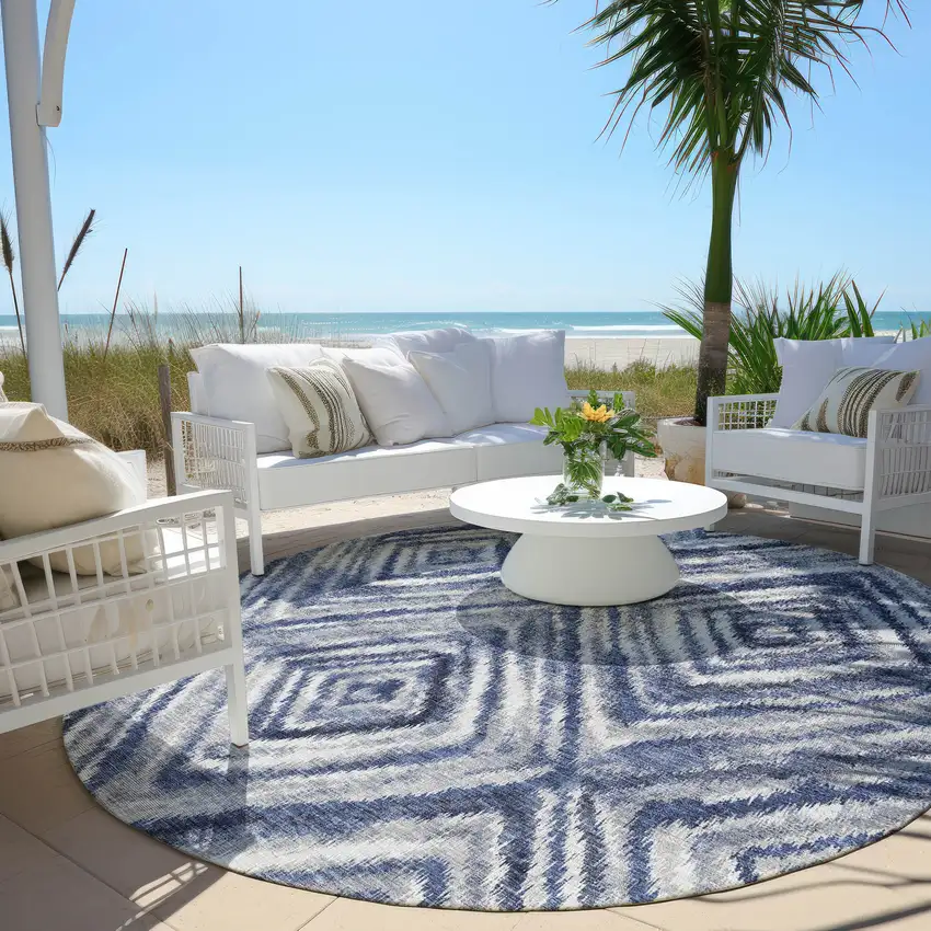 8' Navy Blue And Sky Blue Round Geometric Washable Indoor Outdoor Area Rug Photo 6