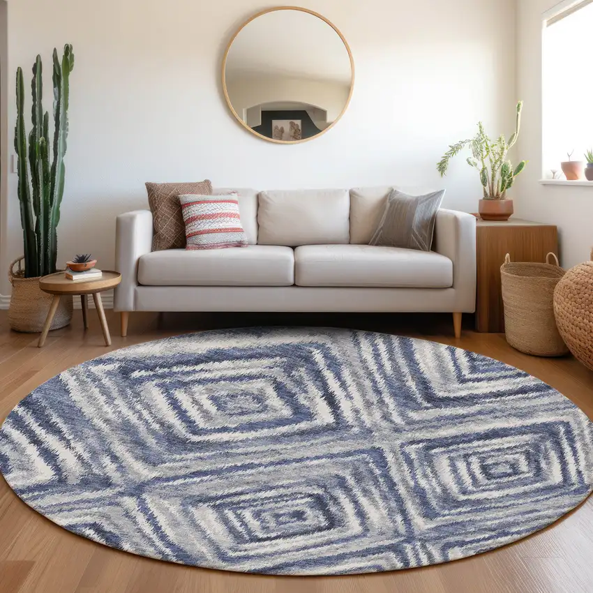 8' Navy Blue And Sky Blue Round Geometric Washable Indoor Outdoor Area Rug Photo 7