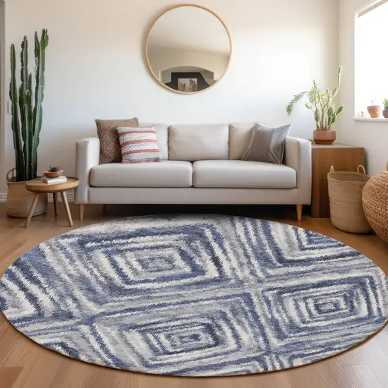 8' Navy Blue And Sky Blue Round Geometric Washable Indoor Outdoor Area Rug Photo 7