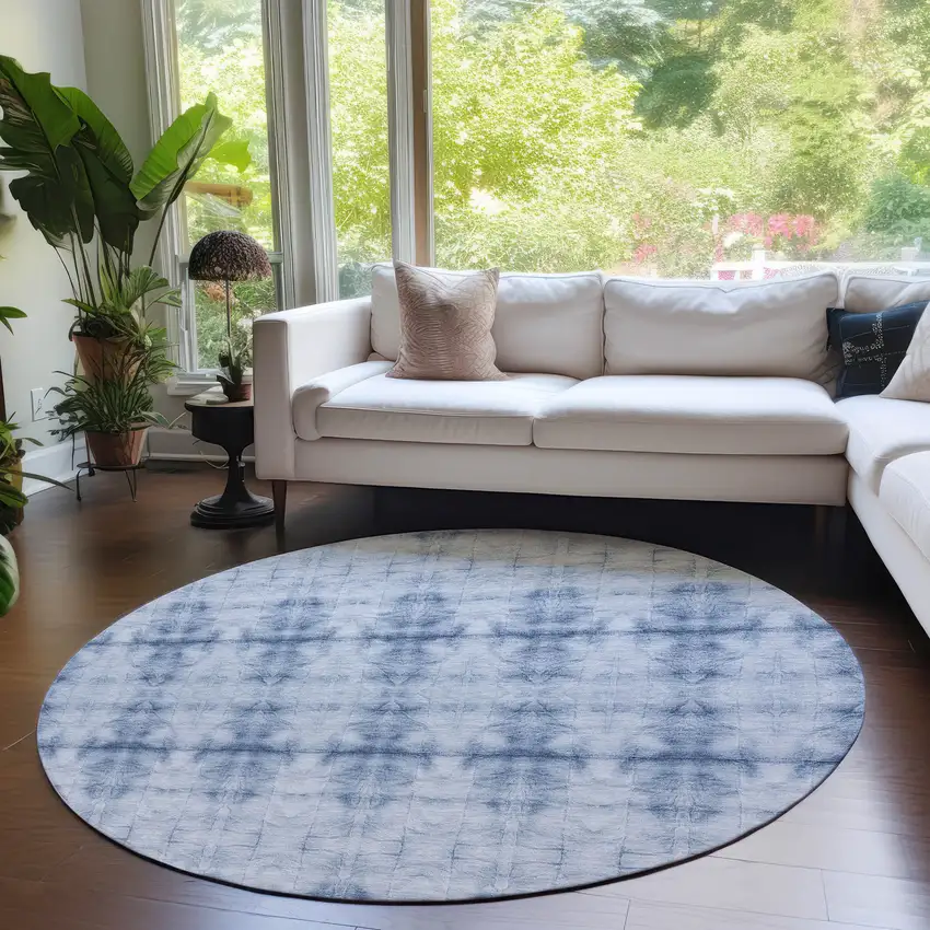 8' Navy Blue And Sky Blue Round Geometric Washable Indoor Outdoor Area Rug Photo 7