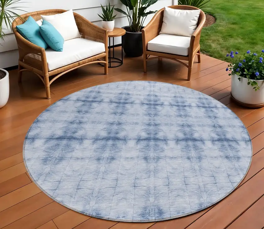 8' Navy Blue And Sky Blue Round Geometric Washable Indoor Outdoor Area Rug Photo 1