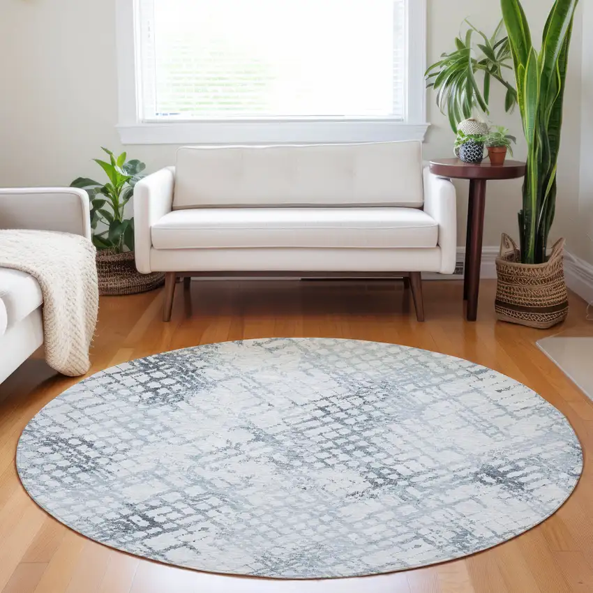8' Navy Blue And Sky Blue Round Geometric Washable Indoor Outdoor Area Rug Photo 7