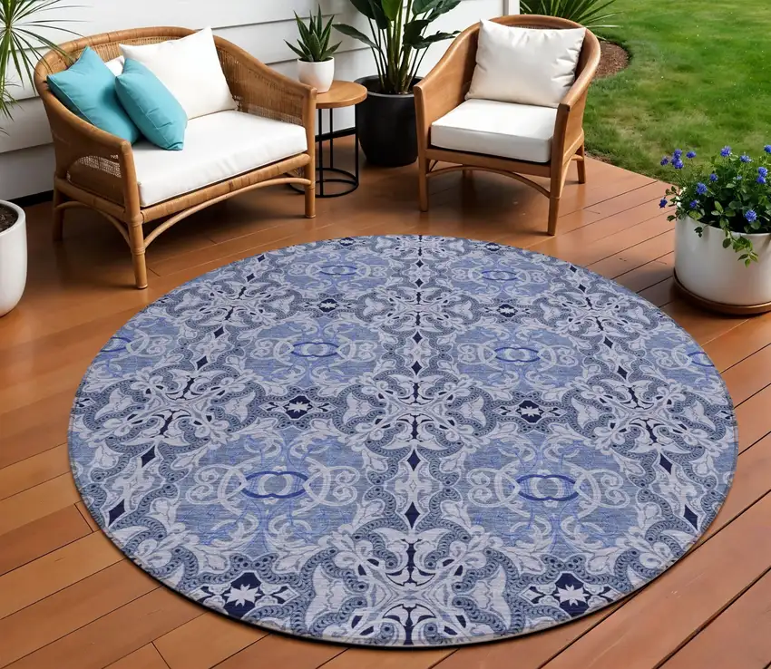 8' Navy Blue And Sky Blue Round Medallion Washable Indoor Outdoor Area Rug Photo 1
