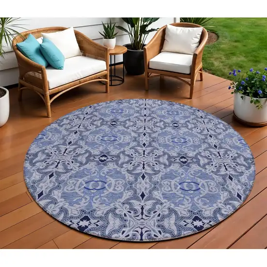 8' Navy Blue And Sky Blue Round Medallion Washable Indoor Outdoor Area Rug Photo 1