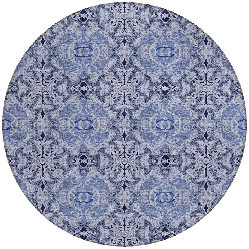 8' Navy Blue And Sky Blue Round Medallion Washable Indoor Outdoor Area Rug Photo 4