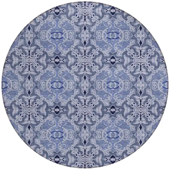 8' Navy Blue And Sky Blue Round Medallion Washable Indoor Outdoor Area Rug Photo 4
