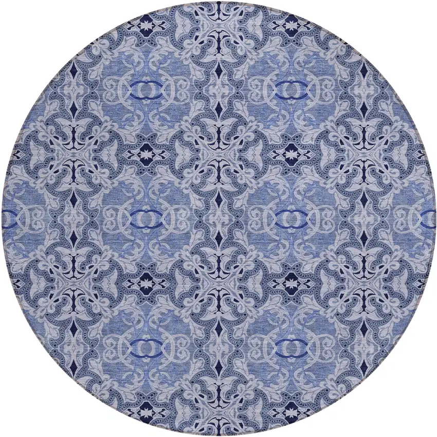 8' Navy Blue And Sky Blue Round Medallion Washable Indoor Outdoor Area Rug Photo 2