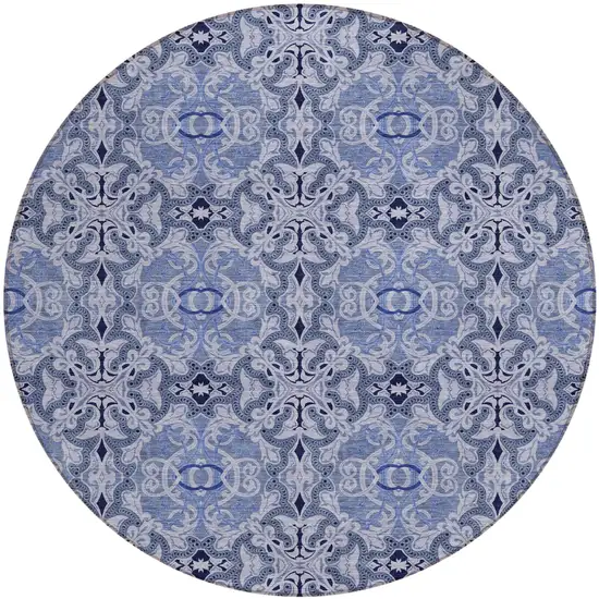 8' Navy Blue And Sky Blue Round Medallion Washable Indoor Outdoor Area Rug Photo 2