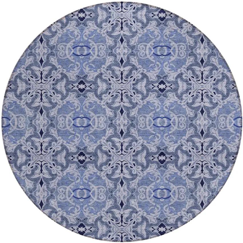 8' Navy Blue And Sky Blue Round Medallion Washable Indoor Outdoor Area Rug Photo 2
