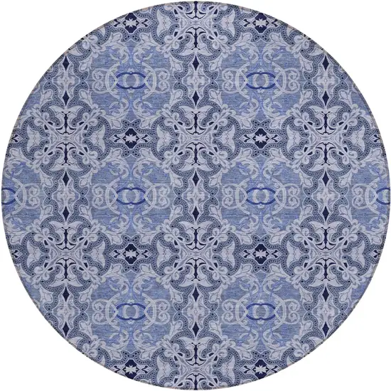 8' Navy Blue And Sky Blue Round Medallion Washable Indoor Outdoor Area Rug Photo 2
