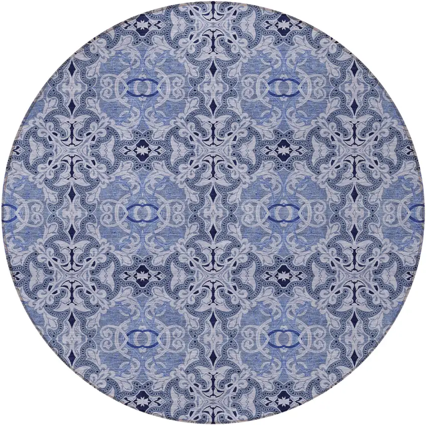 8' Navy Blue And Sky Blue Round Medallion Washable Indoor Outdoor Area Rug Photo 5