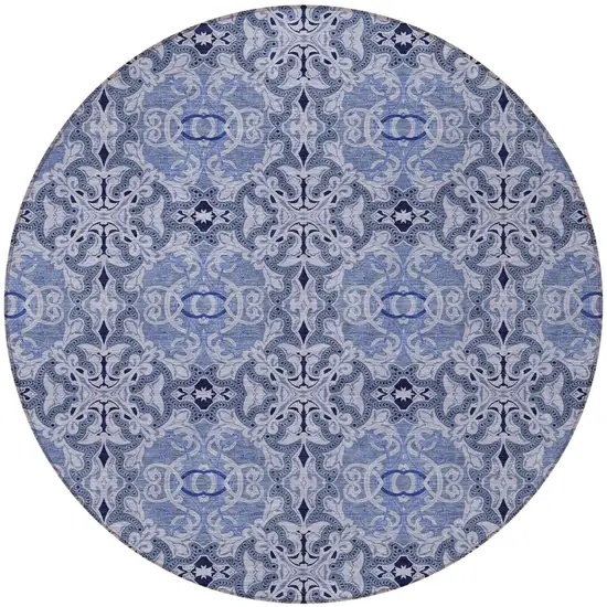 8' Navy Blue And Sky Blue Round Medallion Washable Indoor Outdoor Area Rug Photo 5