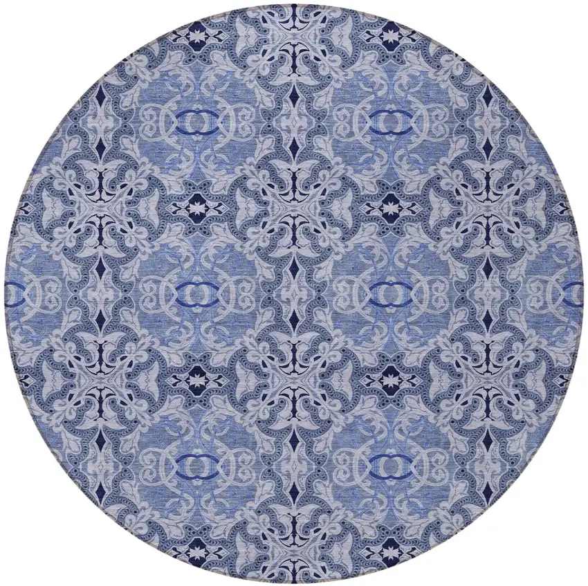 8' Navy Blue And Sky Blue Round Medallion Washable Indoor Outdoor Area Rug Photo 5
