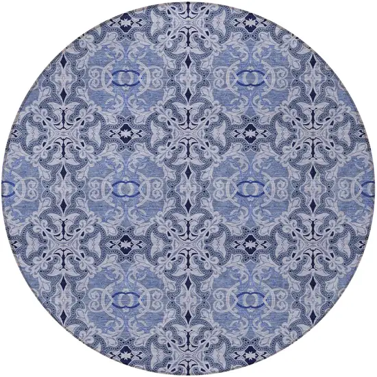 8' Navy Blue And Sky Blue Round Medallion Washable Indoor Outdoor Area Rug Photo 5