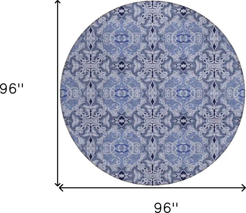 8' Navy Blue And Sky Blue Round Medallion Washable Indoor Outdoor Area Rug Photo 3