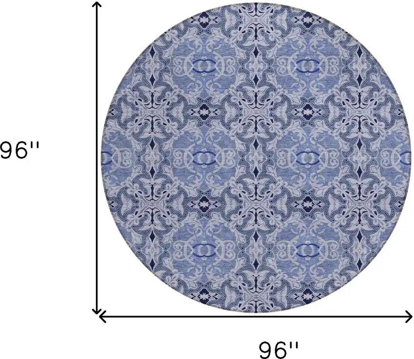 8' Navy Blue And Sky Blue Round Medallion Washable Indoor Outdoor Area Rug Photo 3