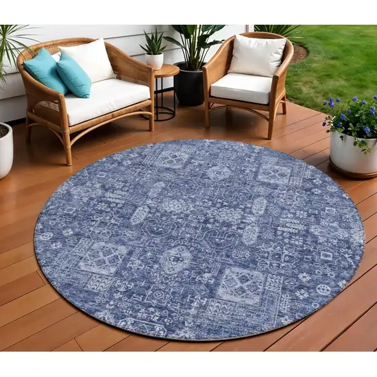 8' Navy Blue And Sky Blue Round Oriental Washable Indoor Outdoor Area Rug Photo 1