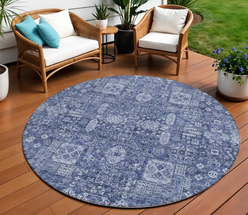8' Navy Blue And Sky Blue Round Oriental Washable Indoor Outdoor Area Rug Photo 1