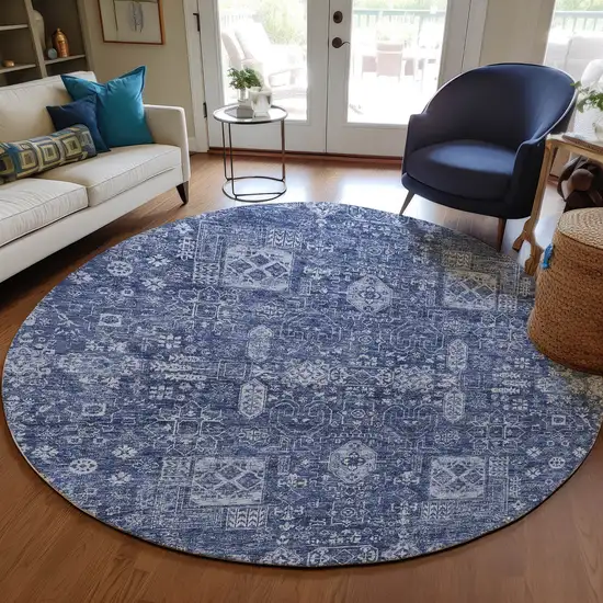 8' Navy Blue And Sky Blue Round Oriental Washable Indoor Outdoor Area Rug Photo 8