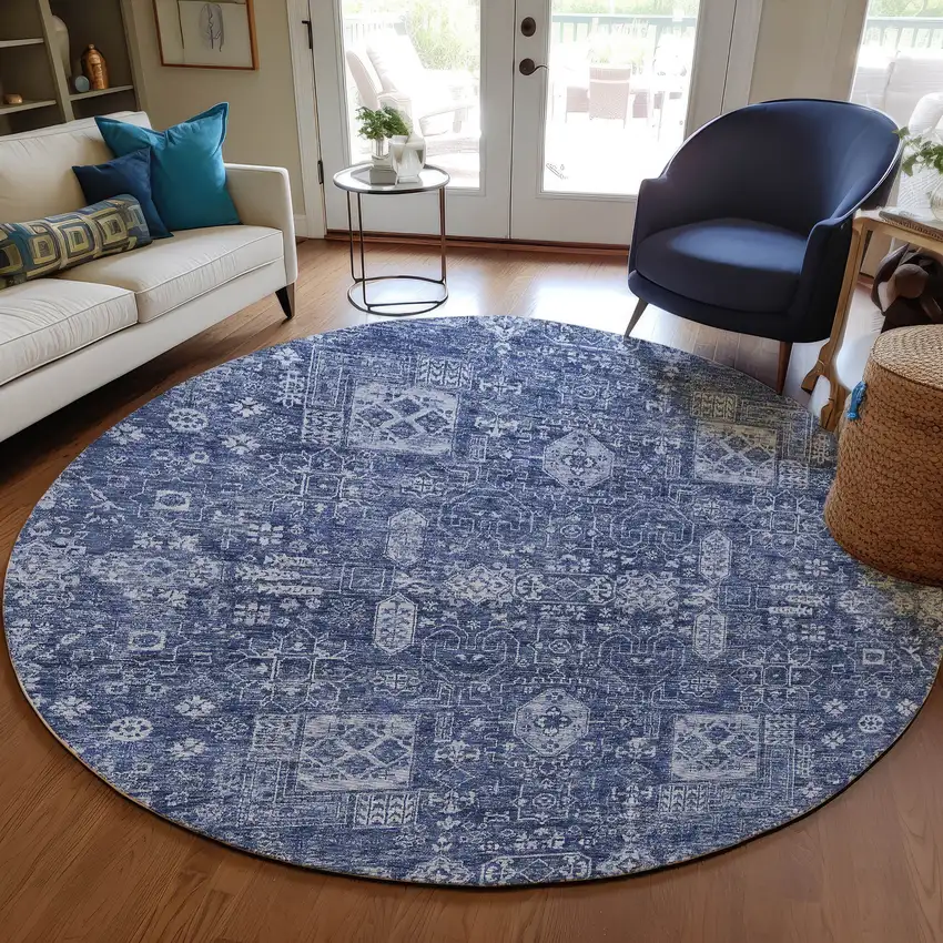8' Navy Blue And Sky Blue Round Oriental Washable Indoor Outdoor Area Rug Photo 8