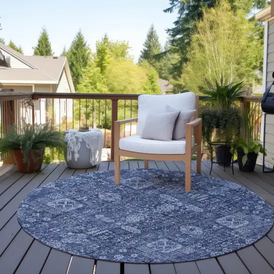8' Navy Blue And Sky Blue Round Oriental Washable Indoor Outdoor Area Rug Photo 7