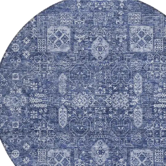8' Navy Blue And Sky Blue Round Oriental Washable Indoor Outdoor Area Rug Photo 5