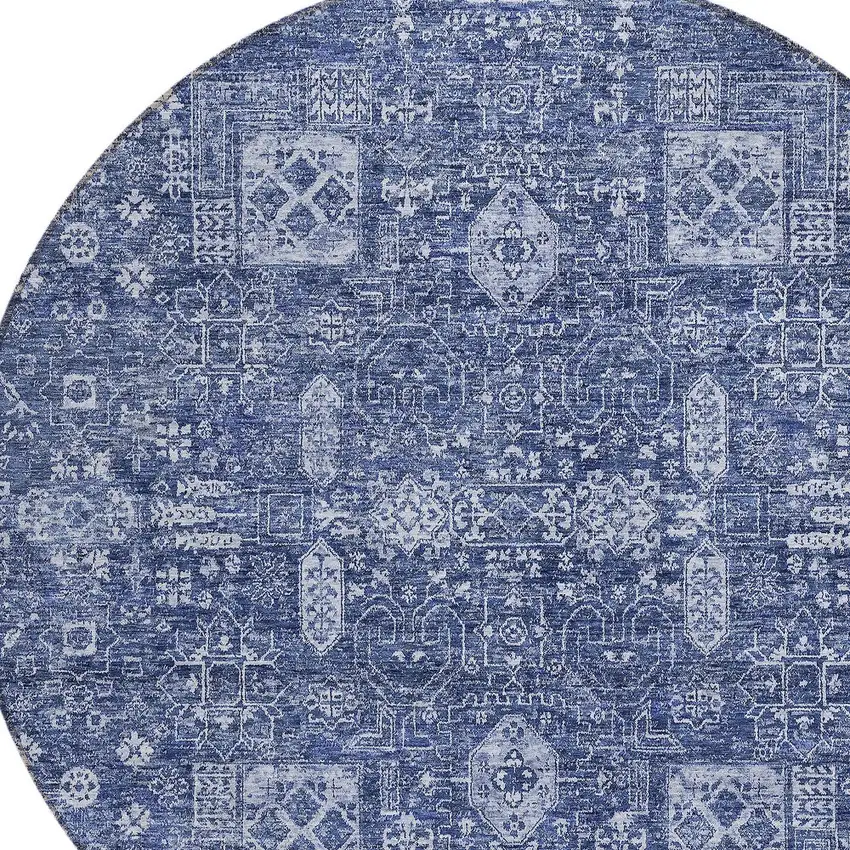 8' Navy Blue And Sky Blue Round Oriental Washable Indoor Outdoor Area Rug Photo 5