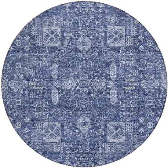 8' Navy Blue And Sky Blue Round Oriental Washable Indoor Outdoor Area Rug Photo 1