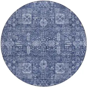 Photo of 8' Navy Blue And Sky Blue Round Oriental Washable Indoor Outdoor Area Rug