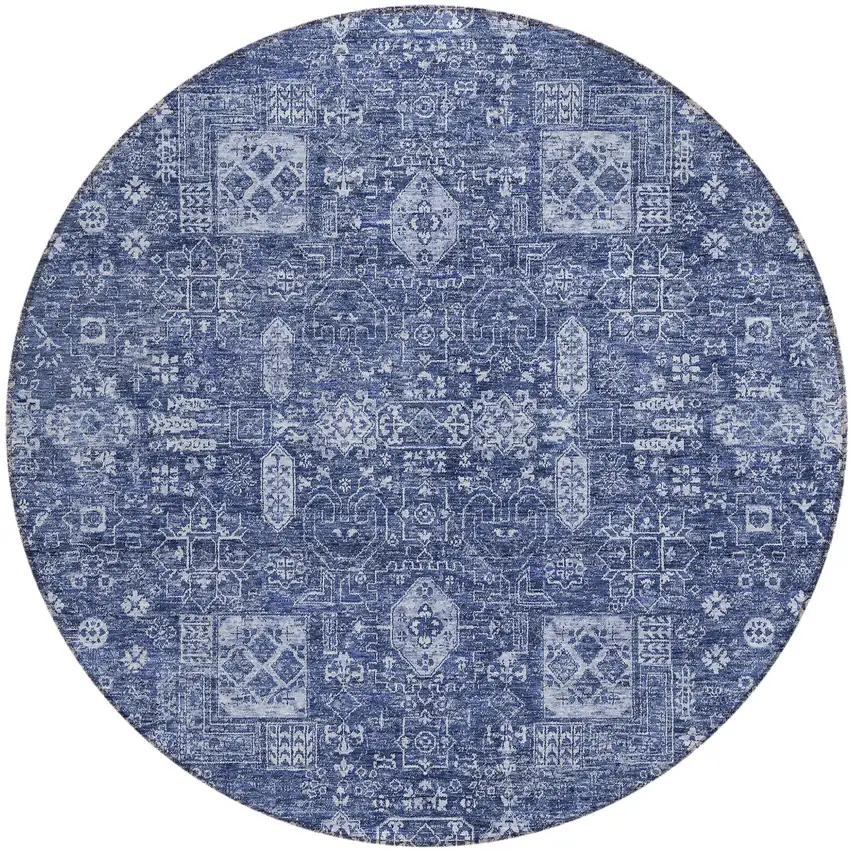 8' Navy Blue And Sky Blue Round Oriental Washable Indoor Outdoor Area Rug Photo 1