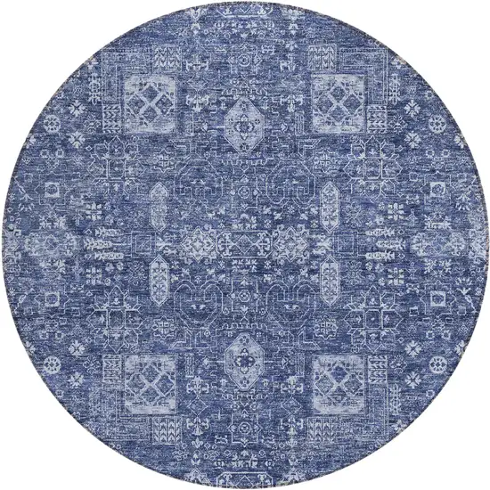 8' Navy Blue And Sky Blue Round Oriental Washable Indoor Outdoor Area Rug Photo 1