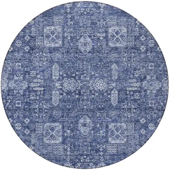 8' Navy Blue And Sky Blue Round Oriental Washable Indoor Outdoor Area Rug Photo 6